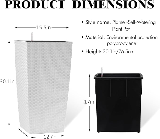 30in Tall Large Plant Pots Planter-Self-Watering Indoor/Outdoor Planting with Drain Holes, Water Level Monitor, Inner Bucket for Front Porch Patio, White Large