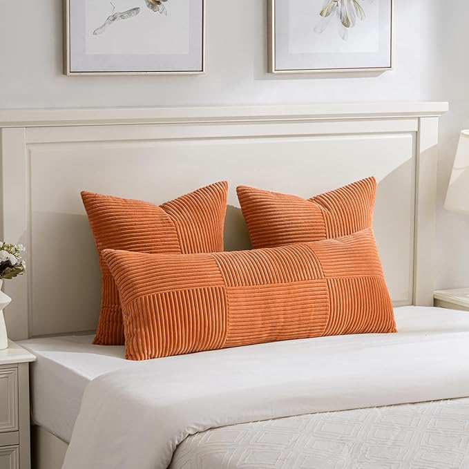 Fancy Homi 2 Packs Burnt Orange Decorative Throw Pillow Covers 22x22 Inch for Living Room Couch Bed, Rustic Farmhouse Boho Home Decor, Soft Corss Corduroy Patchwork Accent Square Cushion Case 55x55 cm