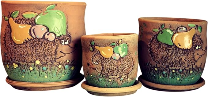 Ceramic Pot with Drainage Hole and Saucer, Plant Pots, Modern Decorative Planters for House Plants Indoor Flowers Plants, Cute Flower Pot - Gifts (Hedgehog (0.7 L))