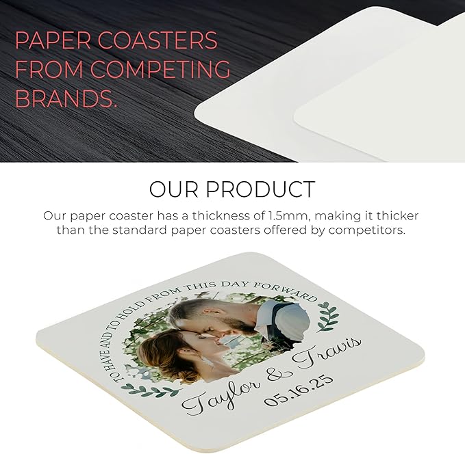 60 Pack Personalized Wedding Coasters, Custom Cardboard Coasters for Drinks with Photo Print and Text, Keepsake Wedding Favors and Gifts for Couples, 4x4 Square, Design 4