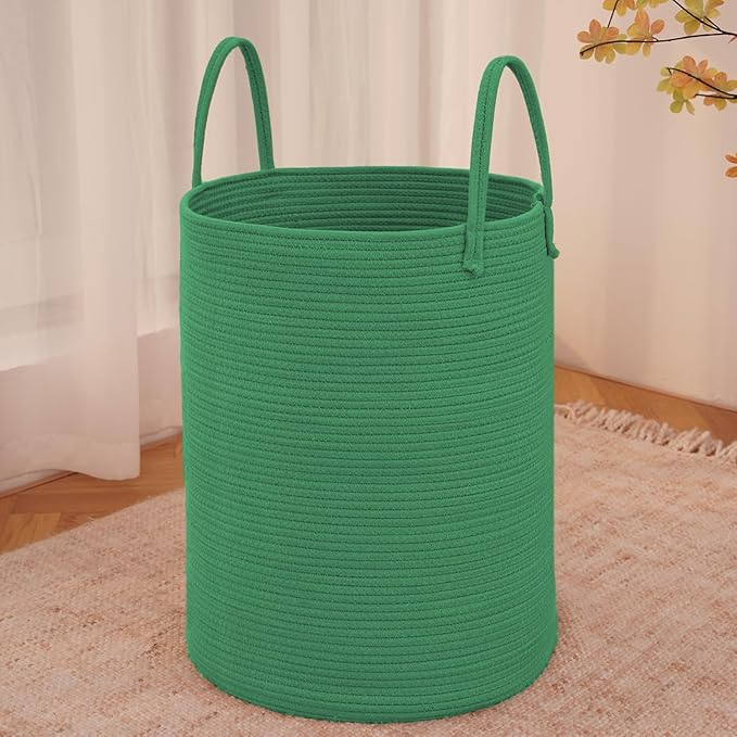 Large Woven Laundry Basket Hamper,80L Cotton Rope Storage Bin for Blankets,Toys and Clothes,Decorative Tall Nursery Hamper for Living Room,Baby Nursery,Bathroom and Bedroom,Dark Green
