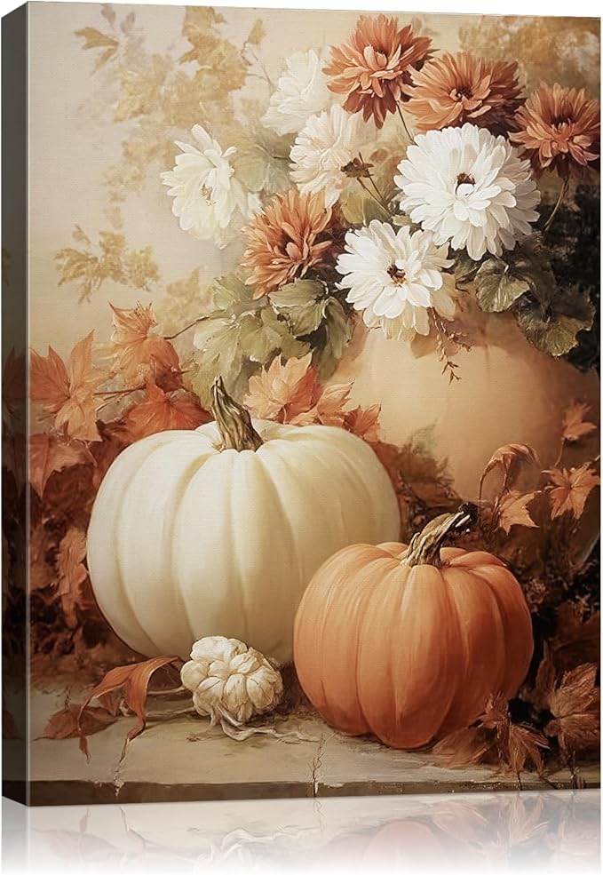 AbcCustomize Fall Wall Art Pumpkin Floral Print, Vintage Thanksgiving Decorations Canvas for Autumn Decor, Rustic Daisy Farmhouse Wall Art Decor for Bedroom Living Room Kitchen, Ready to Hang
