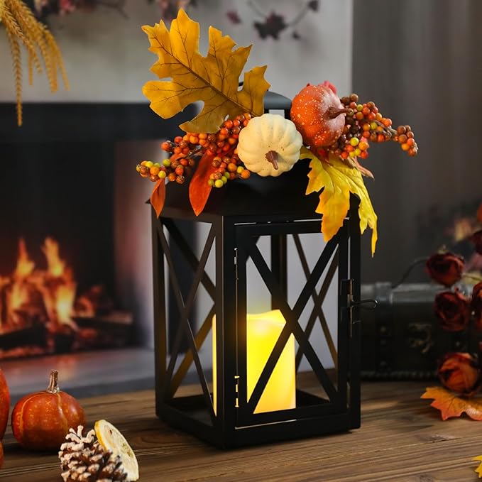 Fall Decor Lantern for Home, Large Decorative Lanterns Outdoor Waterproof 12" Battery Powered Decorative Lanterns Metal Hanging LED Candle Holder, Flameless Candle Lantern for Indoor 2 Packs