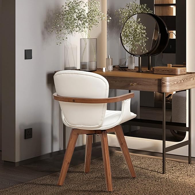 LUNLING Swivel Dining Room Chairs Set of 2,Mid Century Modern White Faux Leather Kitchen Chair with Arms,Bamboo Legs Side Chairs No Wheels,Accent Chair for Dining Rooms and Offices