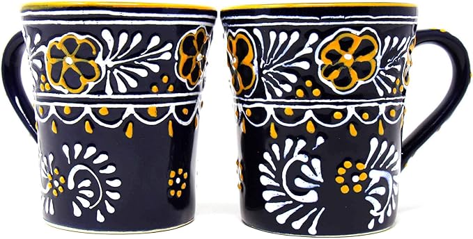 Encantada Handmade Hand-Painted Authentic Mexican Pottery Mugs (2-Pack, Blue Helecho)