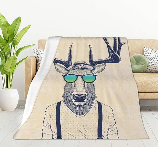 HGOD DESIGNS Deer Throw Blanket Deer Dressed up Like Cool Hipster Blanket Super Soft Flannel Throw Blanket Lightweight Plush Fuzzy Bed Blanket for Bedding Sofa and Travel 50"X60"