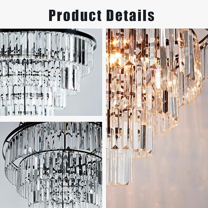 Luxury 6-Tier Round K9 Crystal Chandelier, Black Finish 26 Inch Diam Ceiling Light, Classic Elegant Chandelier with Crystal Piece, Lighting Fixture for Hallway, Bedroom, Living Room