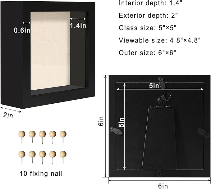 5x5 Small Shadow Box Picture Frame Display Case with Soft Linen Back, Black Wooden Memory Shadow Box Frame with Tempered Glass Cover for Wall or Tabletop Display