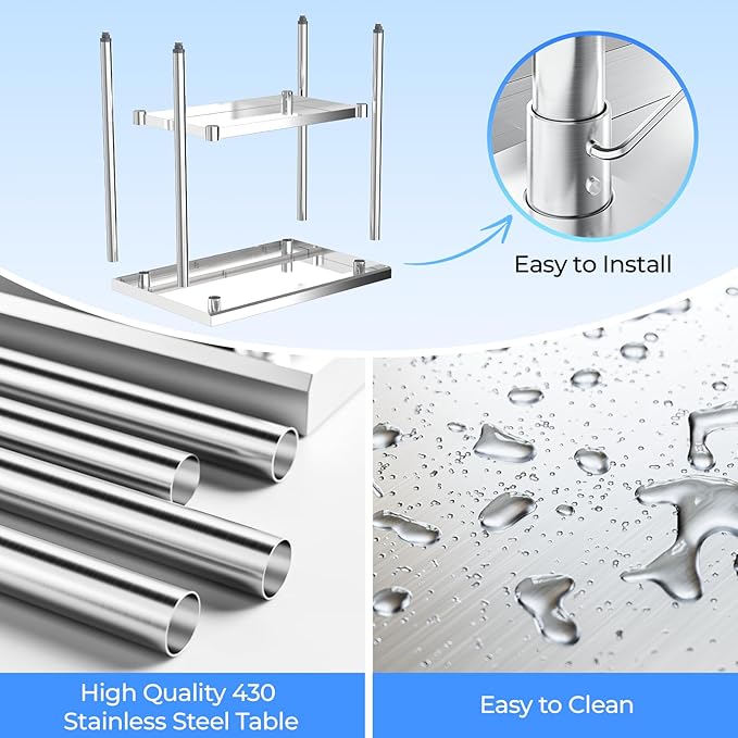 NUUK Stainless Steel Work Table 24 x 36 Inches Heavy Duty Commercial Workstation Adjustable Height Kitchen Food Prep Worktable for Restaurant, Home and Hotel