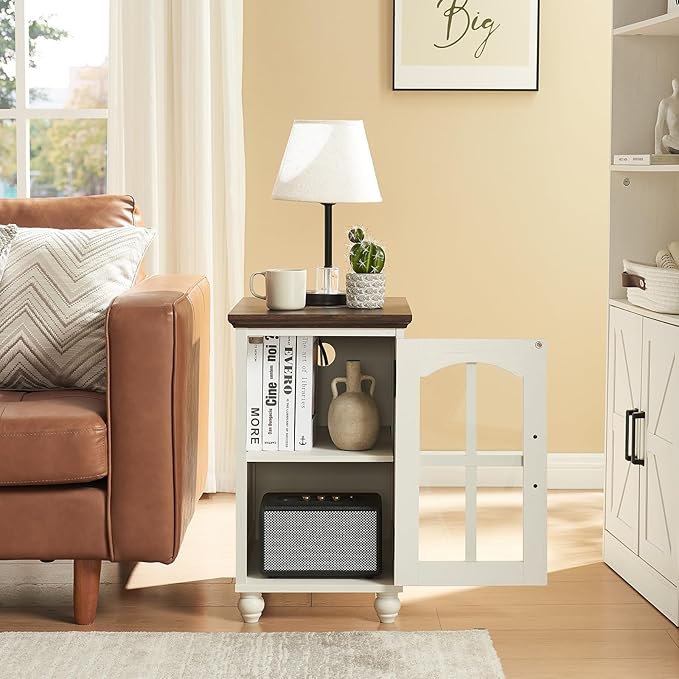 Narrow Side Table,Farmhouse Nightstand with Charging Station,Wood End Table with Glass Barn Door Storage, Cabinet Organizer with Adjustable Shelf, Night Stand for Small Spaces for Living Room Bedroom