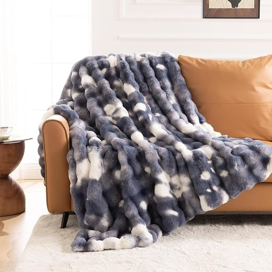 Cozy Faux Fur Throw Blanket for Couch-Warm Fuzzy Throw Blanket, Soft Plush Thick Bubble Blankets for Bedroom and Living Room, Furry Luxury Blanket, 50 x 60,Tie-Dye Blue
