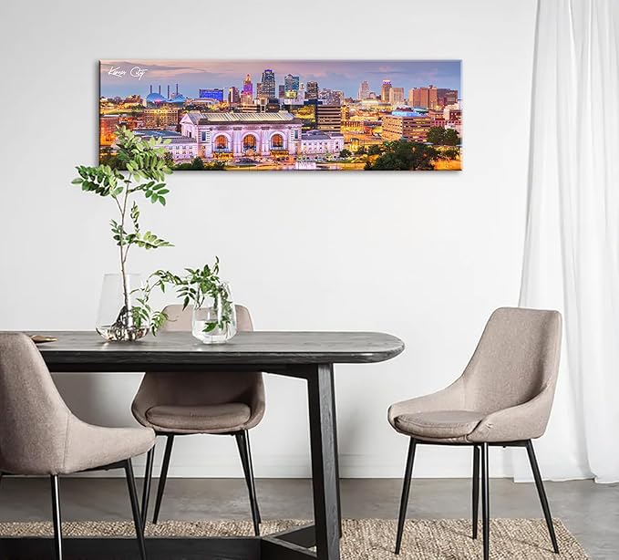 Pictures for Bedroom Kansas City Skyline Wall Art Canvas Prints Cityscape USA City Building Panoramic Night View Posters Modern Home Office Living Room Decoration Framed 13.8"x 45.3"