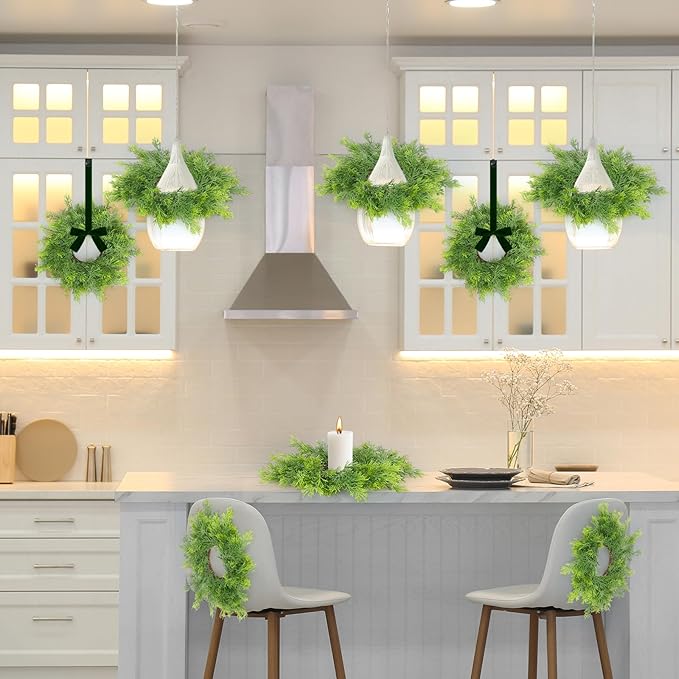 6 PCS Mini Christmas Wreaths for Kitchen Cabinets Artificial Green Norfolk Cedar Wreaths with Bow for Christmas Decorations Window Door Fireplace Chairs Wall Staircase Indoor Outdoor Home Decor