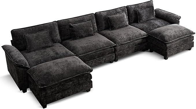 URRED Modular Sectional Sofa Comfy Cloud Couch, Modern Chenille Sofa Sleeper Deep Seat Couches with Ottoman/Pillows for Living Room (Black, 154'' - U Shape)