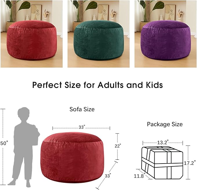 Bean Bag Chairs for Adults - Memory Foam Furniture BeanBag Chair - Kids/Teens Sofa with Soft Micro Fiber Cover - Round Fluffy Couch for Living Room Bedroom College Dorm - 3 ft, Red