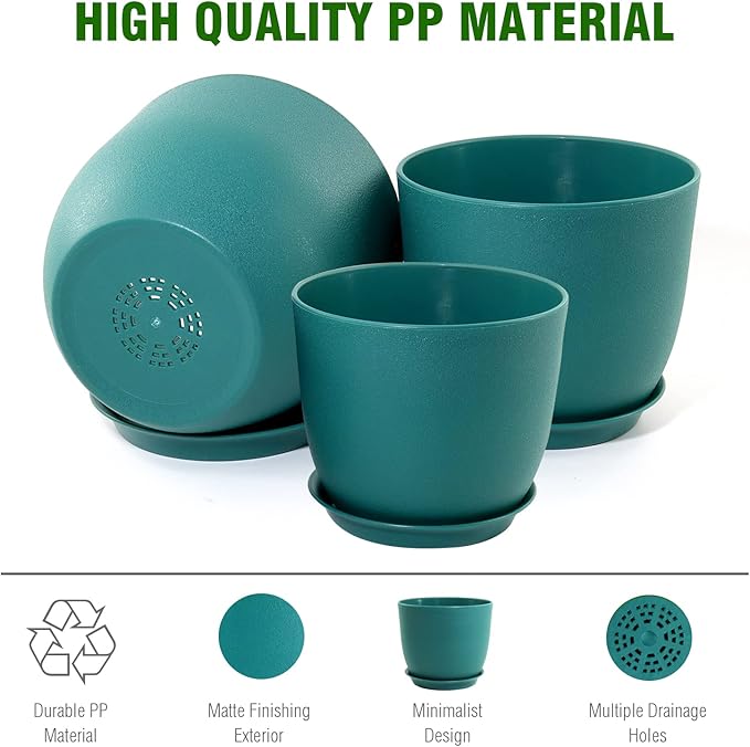 Large Flower Pots 12/10/9 inch, Set of 3 Modern Decorative Plastic Planters with Drainage Holes and Saucers for House Plants, Plant Pots for Indoor Outdoor Plants, Blue Green