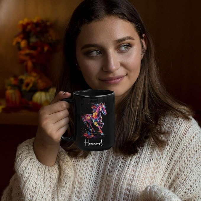 Horse Animal Themed Coffee Mug, Personalized Name Horse Black Cup, Gift For Men Women, Colorful Horse Design Mug, Customized Horse Animal Cup 11oz 15oz, Custom Horse Ceramic Mug