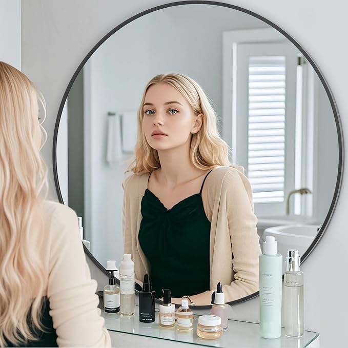 BEAUTYPEAK 48 Inch Round Mirror, Metal Frame Circle Mirror, Wall Mounted for Entryway, Bathroom, Vanity, Living Room, Black