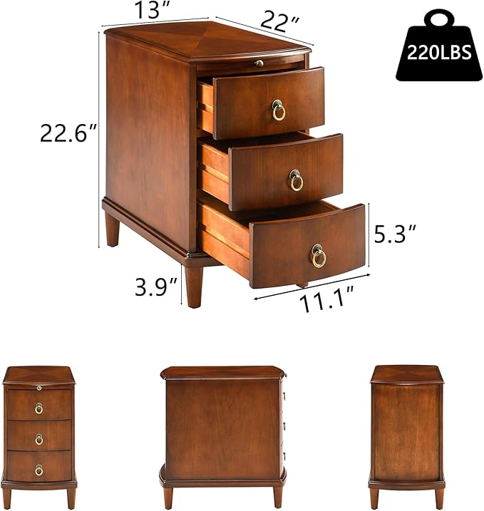 Set of 2 Solid Wood End Table with 3 Drawers, Fully Assembled Nightstand with Sliding Shelf, Pre-Assembled Vintage Wooden Beside Tables In Cherry Brown for Small Space,13.4*22.4*22.6in