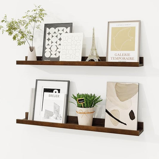Picture Ledge Shelf, Solid Pine Wood Floating Shelves Set of 2, 24 Inches Nursery Book Shelves for Toys Storage, Kids Bookshelf Wall Mounted for Living Room Bedroom Decor Books Photo Frames, Walnut