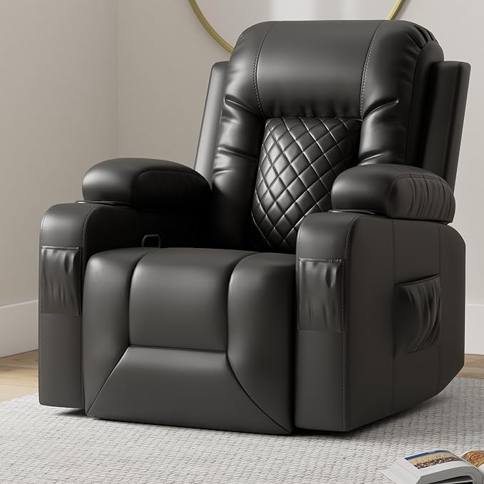 Recliner Chairs for Adults, FSC Certified Massage Rocker with Heated Modern Ergonomic Lounge 360 Degree Swivel Single Sofa Seat Living Room Lounge Recliners Black