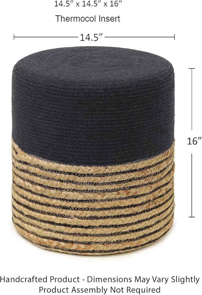 REDEARTH · Cylindrical Pouf Ottoman - Braided Pouffe Accent Sitting Round Footrest for Living Room, Bedroom, Nursery, kidsroom, Patio, Gym; 70% Cotton 30% Jute, (14.5x14.5x16; Black Natural)