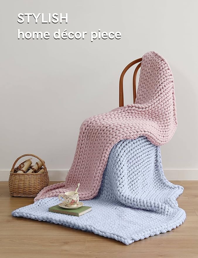 YnM Chunky Throw Blanket, Medium-Weight, Hand Knitted, Skin Friendly, Ventilated and Breathable, Machine Washable, Home Décor Piece for Couch, Sofa and Bed (Atlantis Blue, 50x70 Inch)