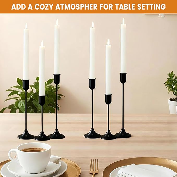 6 Pcs Black Candle Holders Set, Vintage Home Decor – Modern Taper Candlestick Holders for Wedding, Table Centerpieces – Great Gift for Halloween Decor,Thanksgiving Day & Christmas Season