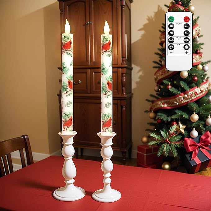 Cardinal Bird Flameless Taper Candles with Remote - Red Bird Theme LED Taper Candles for Home Xmas Holiday Party Christmas Decoration - 2PCS 9.5INCH