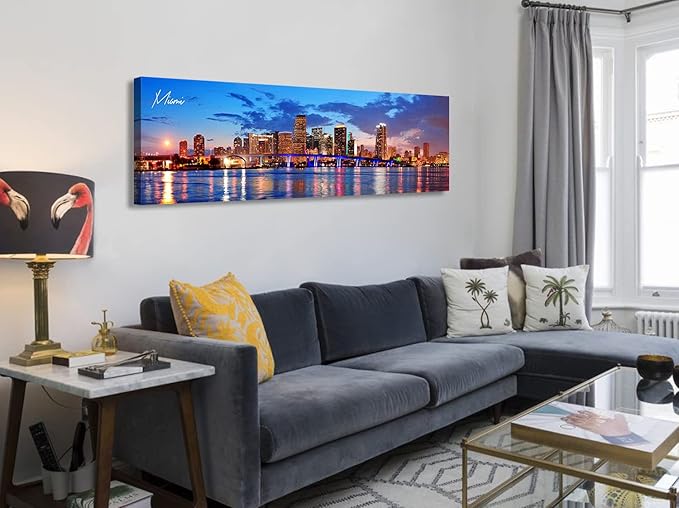 Office Wall Decor Miami Skyline Wall Art Panoramic Cityscape Picture Modern USA City Night View Canvas Prints for Bedroom Living Room Home Decoration Stretched and Framed Ready to Hang 13.8"x45.3"