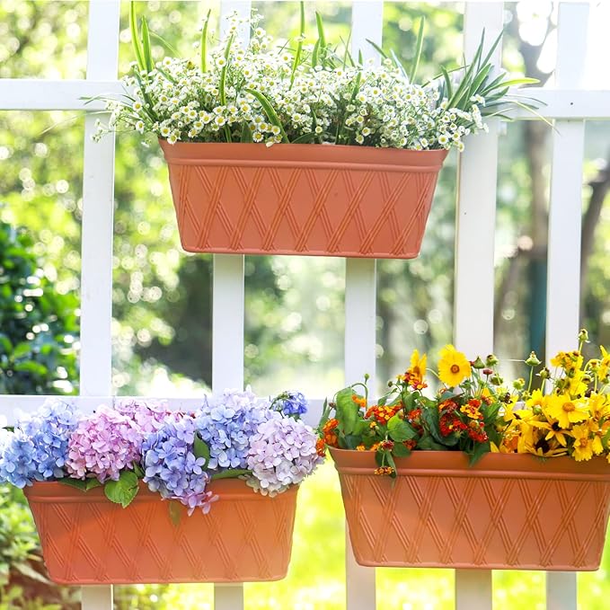 Sungmor 3 Pack Wall Hanging Planters, 16.5 Inch Railing Fence Hanging Flower Pots, Thickened Plastic Water Storage Plant Pot, Indoor Outdoor Garden Balcony Decor, Large Terracotta Color Plant Basket