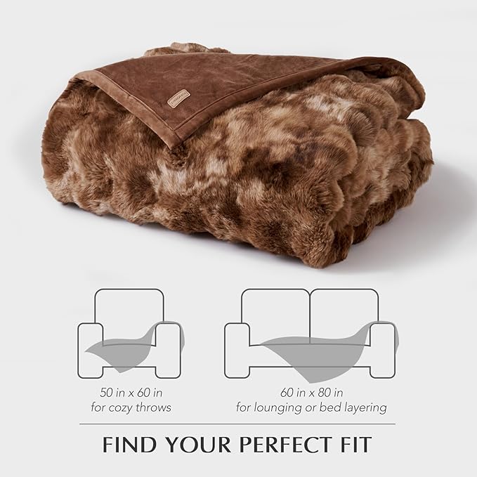 EVERGRACE Ultra Soft Luxury Fluffy Ridgeline Faux Rabbit Fur Throw Blanket, Thick Warm Bubble Throw for Bed, Cozy Plush Reversible Blankets for Couch, Chair, Sofa, Lion Caramel, 50x60 Inches, 870 GSM