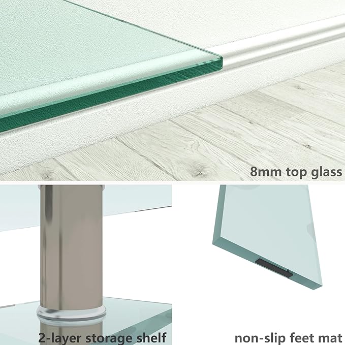 Glass Coffee Table for Living Room, Modern Rectangle All Tempered Glass Table 8mm Clear Transparent Top Home Furniture for Small Space Bearing 220LB