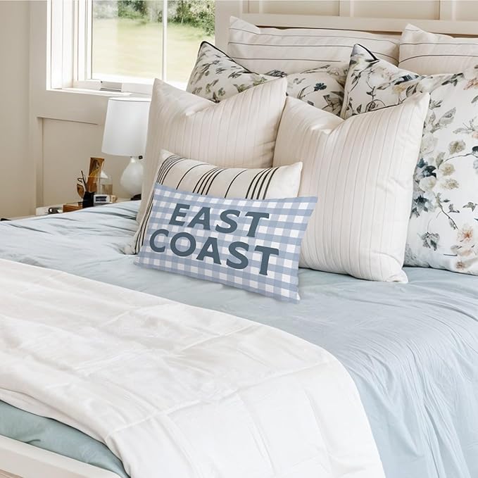 Coastal Beach Girls Room Decor 12x20 Pillow Cover, East Coast Preppy Trendy Gray and White Plaid Decorative Lumbar Pillow Covers for Boys Bedroom College Dorm Sofa Couch