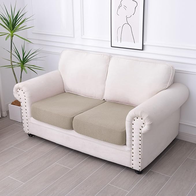 hyha Waterproof Couch Cushion Covers for Pets, Non Slip Sofa Seat Cover for Dogs Washable, Soft Thick Stretch Jacquard Fabric, Sofa Slipcovers with Elastic Bottom (2 Pieces, Taupe)