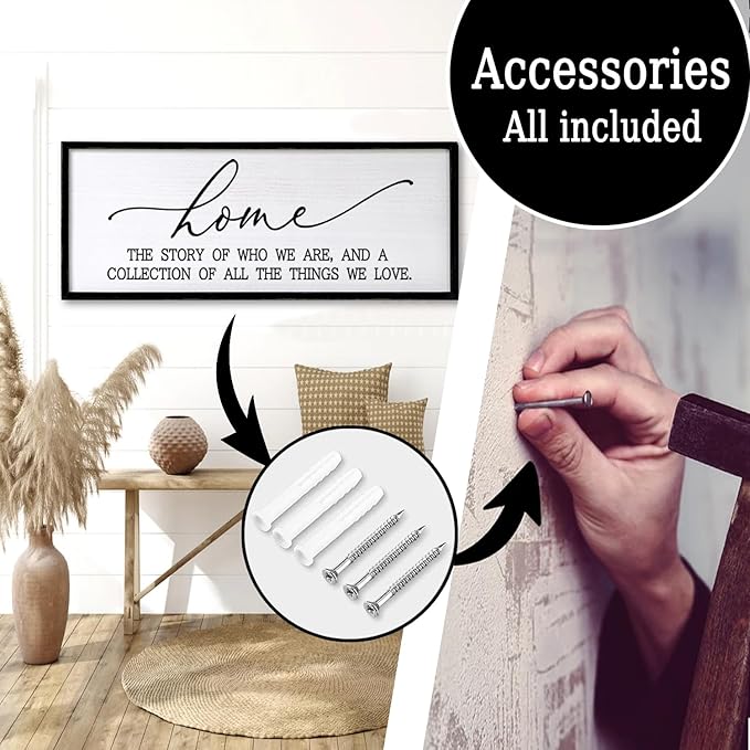 Home is the Story of Who We Are & a Collection of all the Things we Love Sign Framed Wall Art, 40''×15'' Rustic Horizontal Family Quote Wood Sign, Farmhouse Long Home Plaque Wall Decor