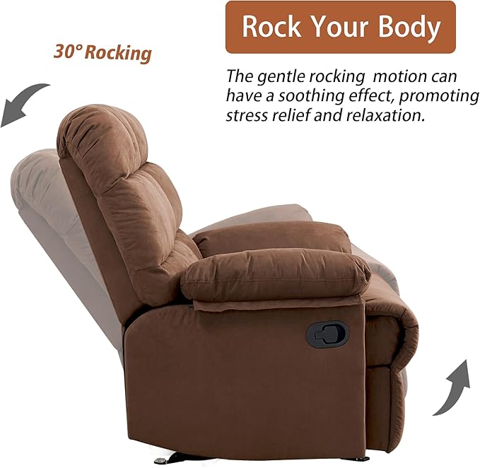 Rocker Recliner Chair, Overstuffed Manual Rocking Recliner for Adults, Upholstered Comfy Soft Fabric Living Room Reclining Sofa Chair (Brown Fabric)