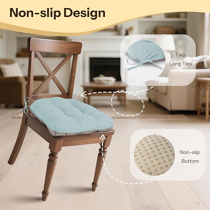 Non Slip Chair Cushions for Dining Chairs Set of 4 Kitchen Chair Cushions 18"x18"x3" Turfted Chair Pads Comfortable and Soft Seat Cushion with Ties, Aqua Blue