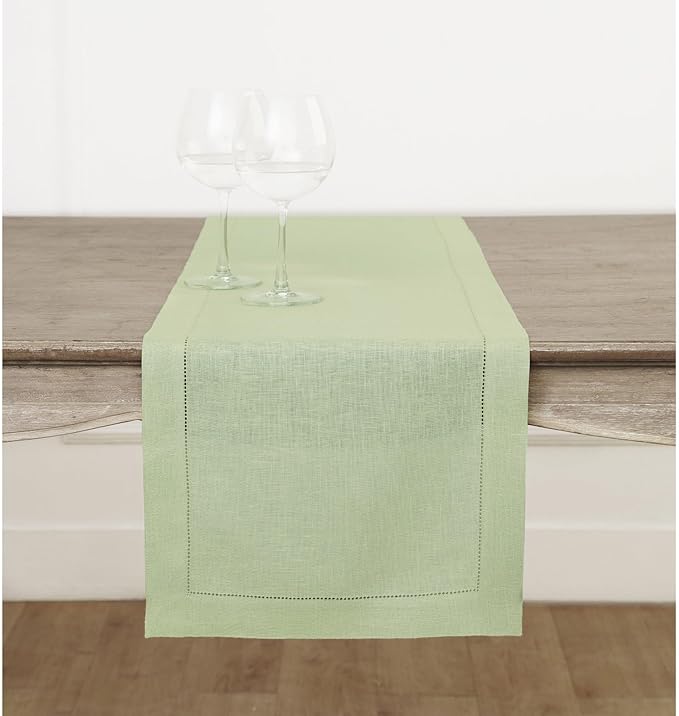 Solino Home Linen Sage Green Table Runner 132 Inches Long - 100% Pure Linen Extra Long Table Runner 14 x 132 Inch for Fall, Autumn, Thanksgiving - Classic Hemstitch