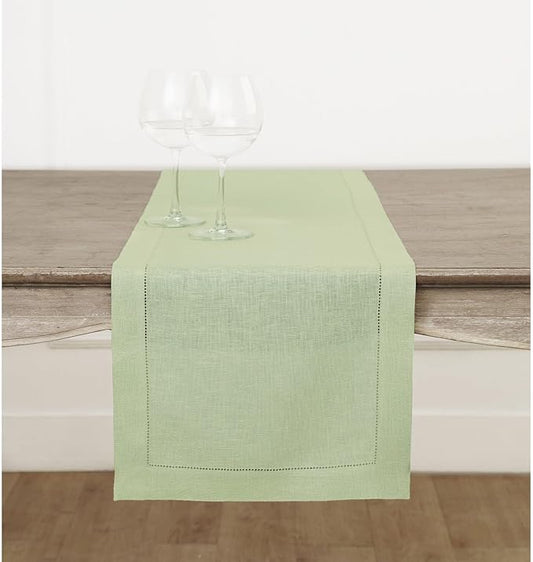 Solino Home Linen Table Runner 36 Inches - 100% Pure Linen Sage Green Hemstitch Table Runner 14 x 36 Inch Ideal for Dresser and Coffee Tables - Fall, Autumn, Thanksgiving - Classic Hemstitch