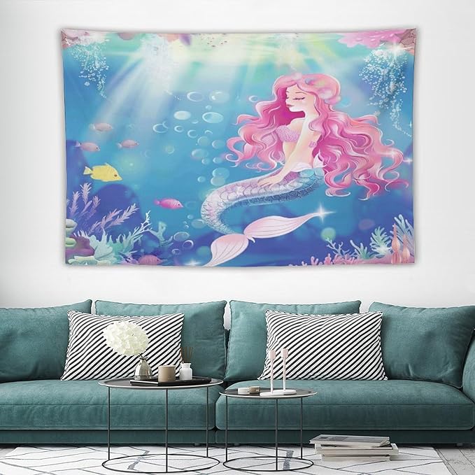HZOHNAGO Mermaid Girls Tapestry Watercolor Mermaid Princess Pink Hair Pattern for Kids Room Decoration Printed Wall Tapestry Wall Hanging for Bedroom Living Room Dorm 90" W x 60" H