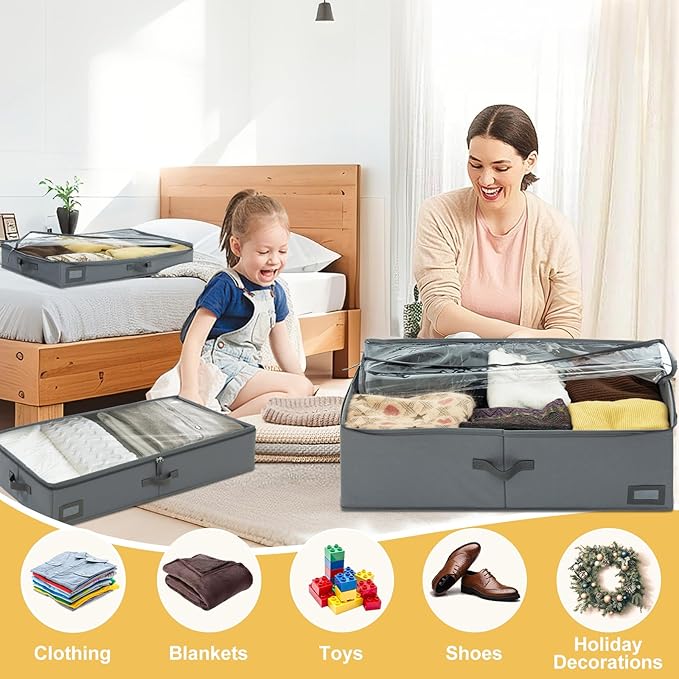 10-Inch Under Bed Organizer, Large Under Bed Storage Container, Underbed Storage Box for Seasonal Clothing, Sweaters, Shoes, Blankets, Wrapping Paper, Sheets & Toys, Yarn 33" L×17" W×10" H