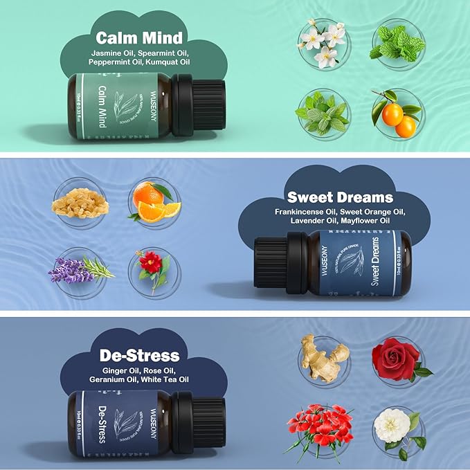 Well-Being Essential Blends Oils Set, Aromatherapy Oils Gift Set for Diffusers Home, Fragrance Oil Scent for Candle Soap Making - Happy, Calm Mind, De-Stress, Relax, Focus, Sweet Dreams