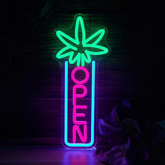 Green Leaf Neon Sign Dimmable Open Neon Lights for Wall Decor LED Neon Sign by USB Powered LED Neon Open Sign For Dispensary Beer Bar Man Cave Coffee Store Hotel Wall Party Decorations 16.8''x7''