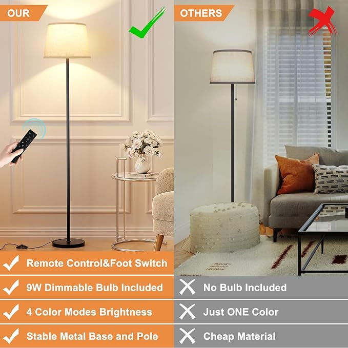 【Upgraded Floor Lamps for Living Room, Modern Floor Lamp with Remote Control, Dimmable Colors Temperature Standing Lamp Foot Switch, 9W LED Bulb Tall Lamps for Bedroom Office Kid Room