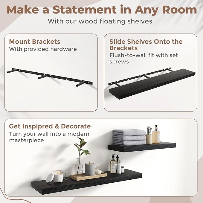 55 Inch Floating Shelves for Wall Set of 2, 8"D Wood Grain Bathroom Shelves with Invisible Brackets, Easy Install Engineered Wood Storage Shelves for Kitchen, Living Room, Bedroom, Black Finish