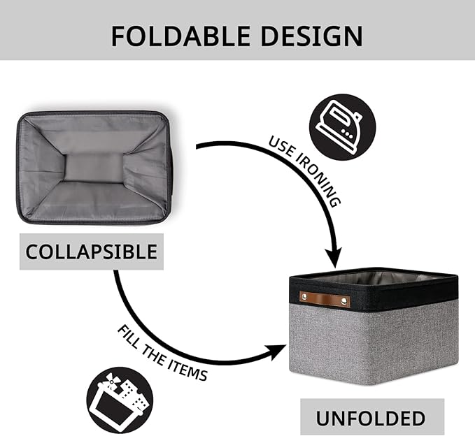 DULLEMELO Canvas Storage Bin with Handles, Fabric Bins for Shelves, Bedroom, Office,Nursery,Fabric Storage Baskets for Toys, Clothes,Gift(Black&Grey,15"x11"x9.5",4-Pack)