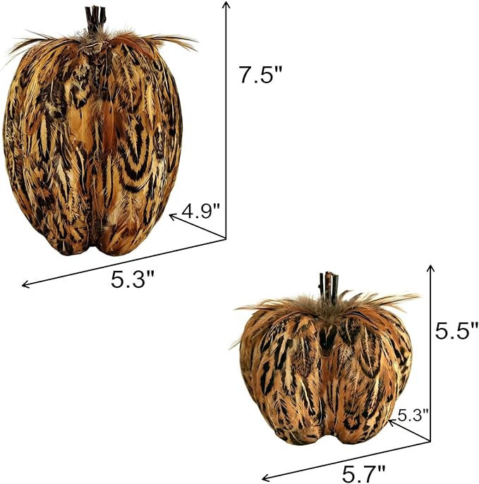 naturevibe 7.5/5.5 Inches Elegant Feathered Pumpkin Decor,Set of 2 Thanksgiving Decorations Natural Feather Pumpkins as Fall Home Decor,Centerpieces for Tables or Autumn Harvest Gifts
