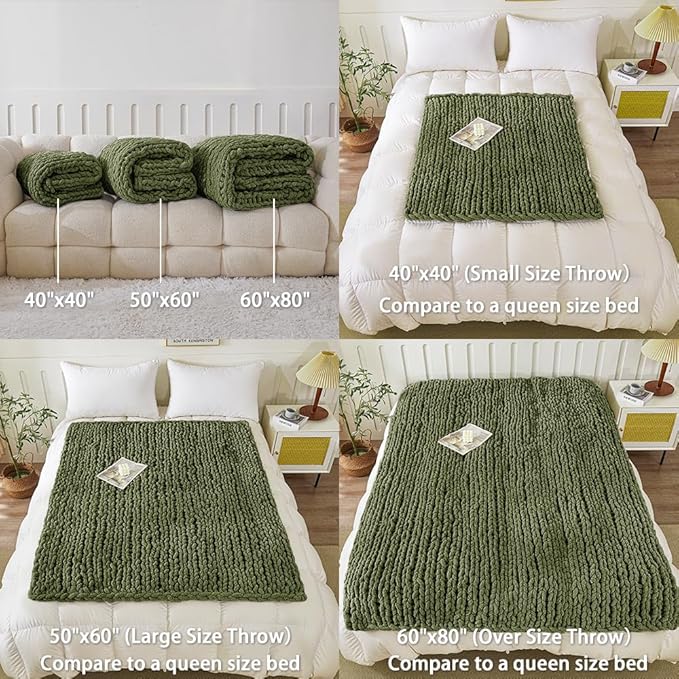 WESHIONGOO Chunky Knit Blanket Throw 40"×40" Knitted Throw Blankets for Couch Bed Fluffy Soft Blanket with Jumbo Chenille Yarn Thick 100% Handmade (Olive Green)