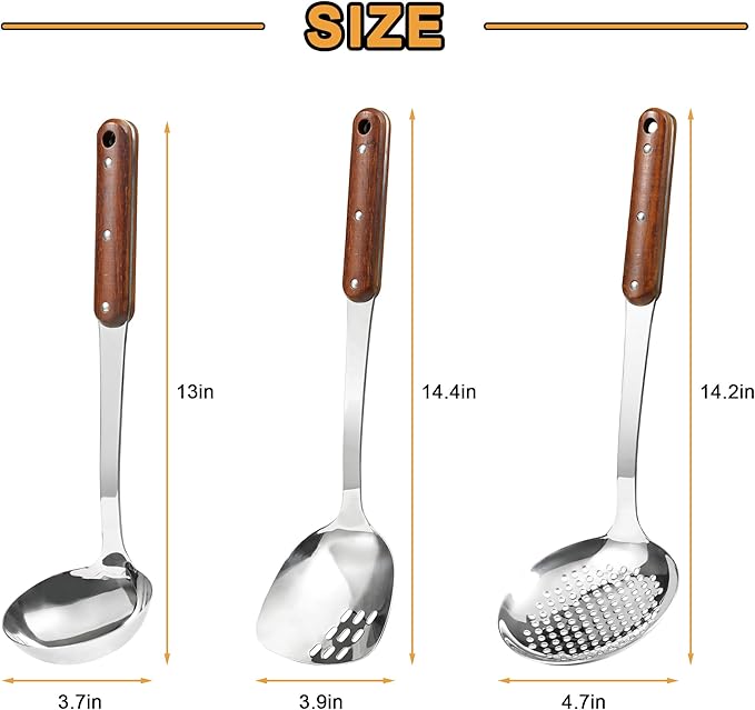 FJNATINH Stainless Steel Wok Spatula,Ladle,Skimmer Ladle Tool Set,Mirror Polished Cooking Utensils with Wooden Handle,Easy to Clean Wok Accessories,Sliver 3 PCS